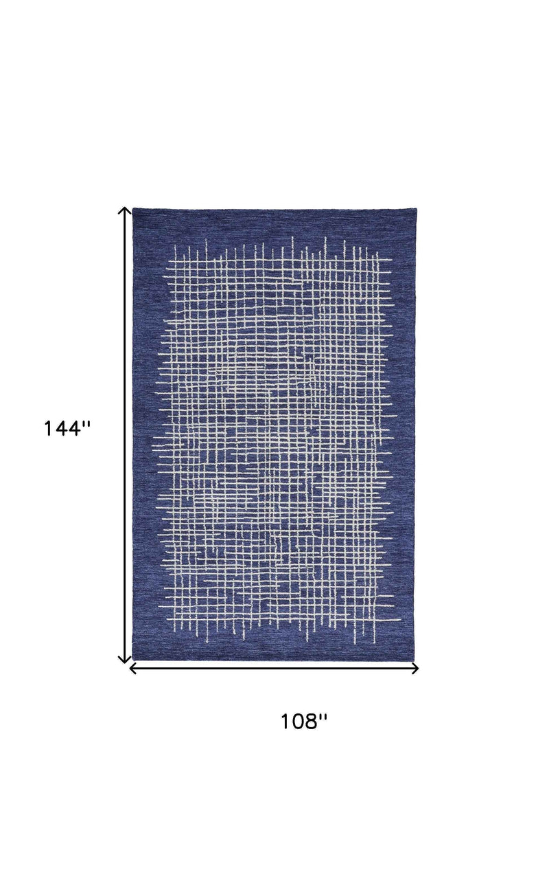 9' X 12' Blue And Ivory Wool Plaid Tufted Handmade Stain Resistant Area Rug