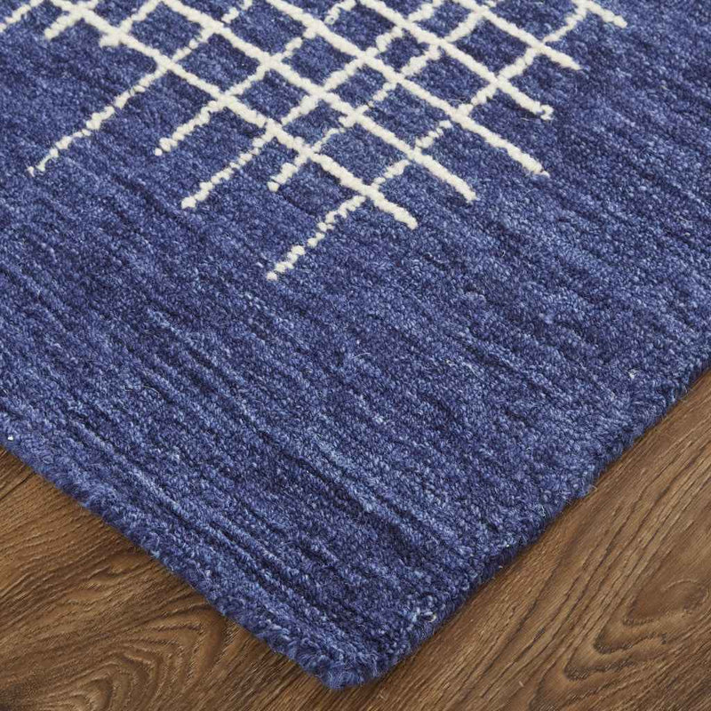 9' X 12' Blue And Ivory Wool Plaid Tufted Handmade Stain Resistant Area Rug