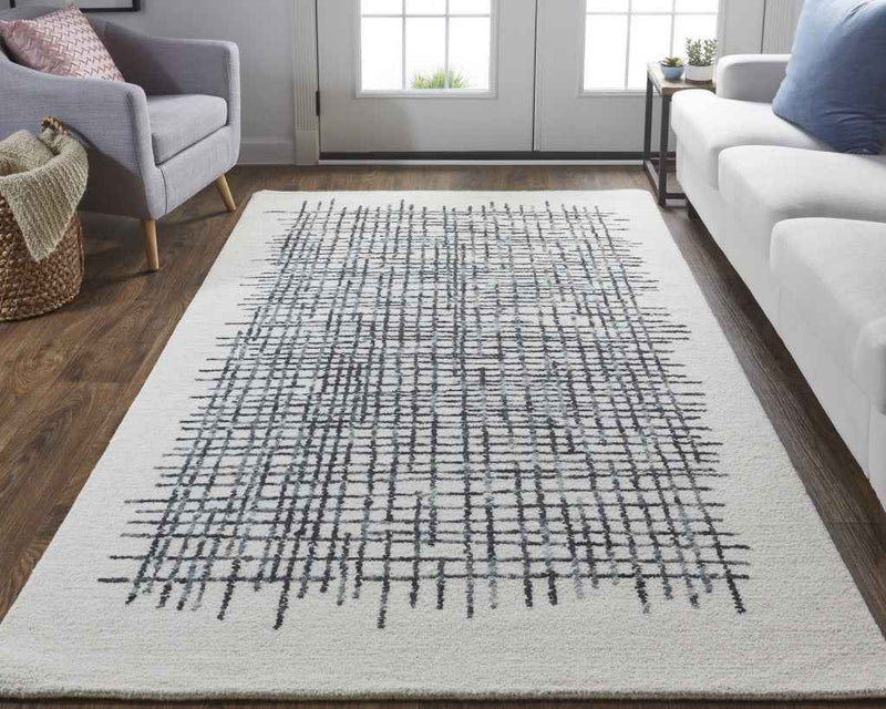 10' X 14' Ivory Gray And Black Wool Plaid Tufted Handmade Area Rug