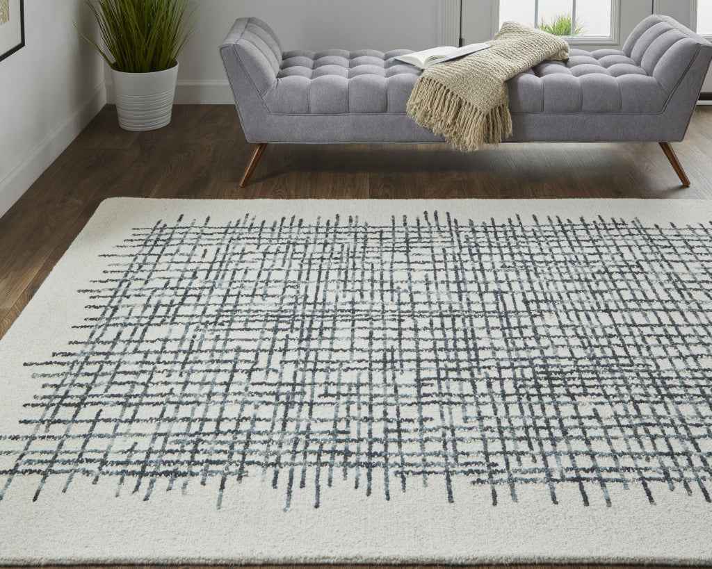 10' X 14' Ivory Gray And Black Wool Plaid Tufted Handmade Area Rug