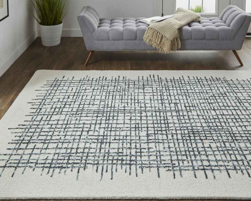 10' X 14' Ivory Gray And Black Wool Plaid Tufted Handmade Area Rug