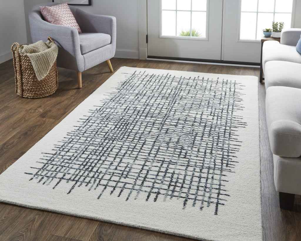 10' X 14' Ivory Gray And Black Wool Plaid Tufted Handmade Area Rug