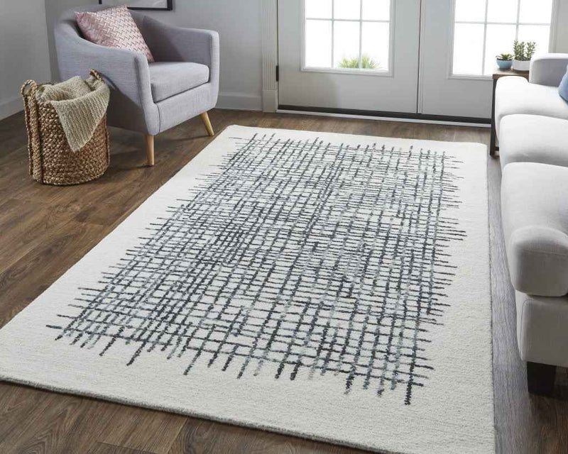 10' X 14' Ivory Gray And Black Wool Plaid Tufted Handmade Area Rug