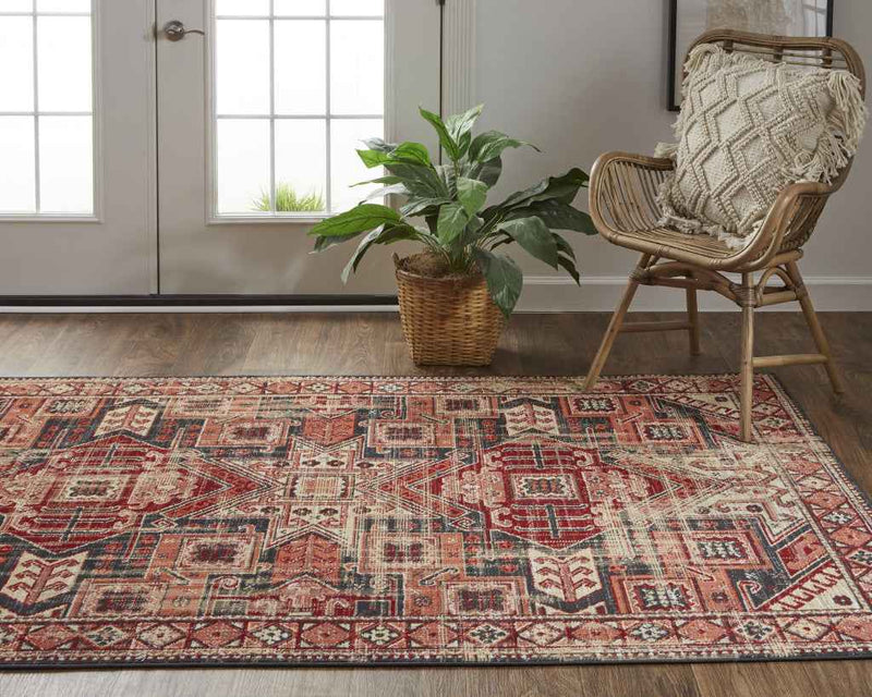 10' X 13' Red Tan And Black Abstract Power Loom Distressed Stain Resistant Area Rug