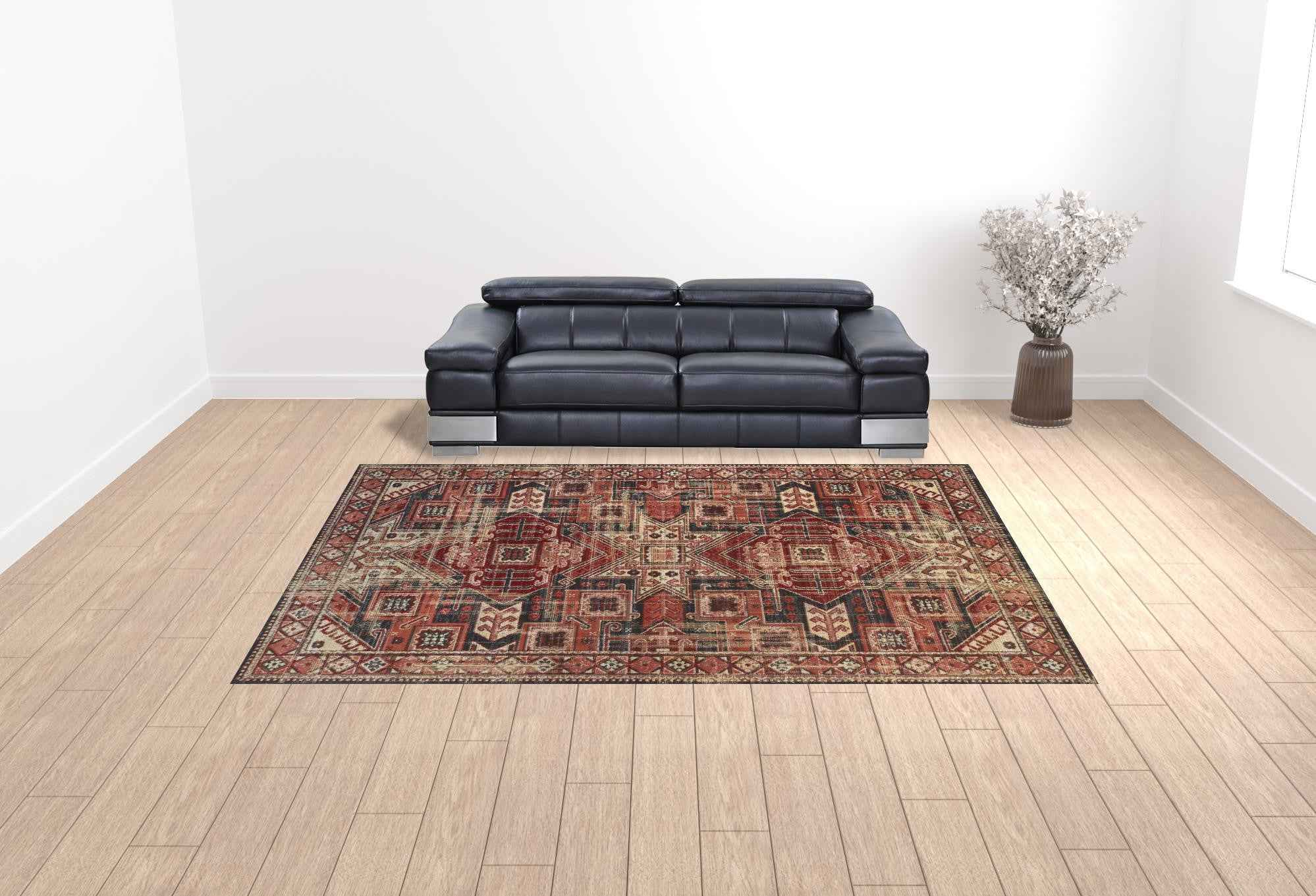 10' X 13' Red Tan And Black Abstract Power Loom Distressed Stain Resistant Area Rug