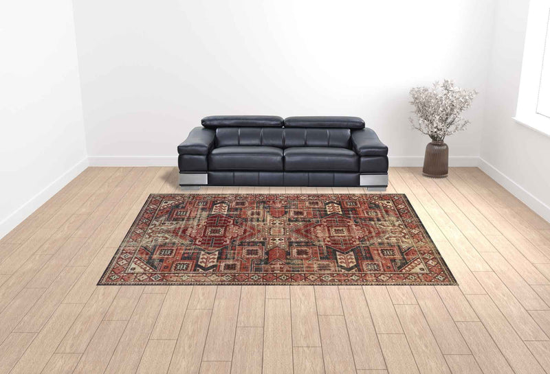 10' X 13' Red Tan And Black Abstract Power Loom Distressed Stain Resistant Area Rug