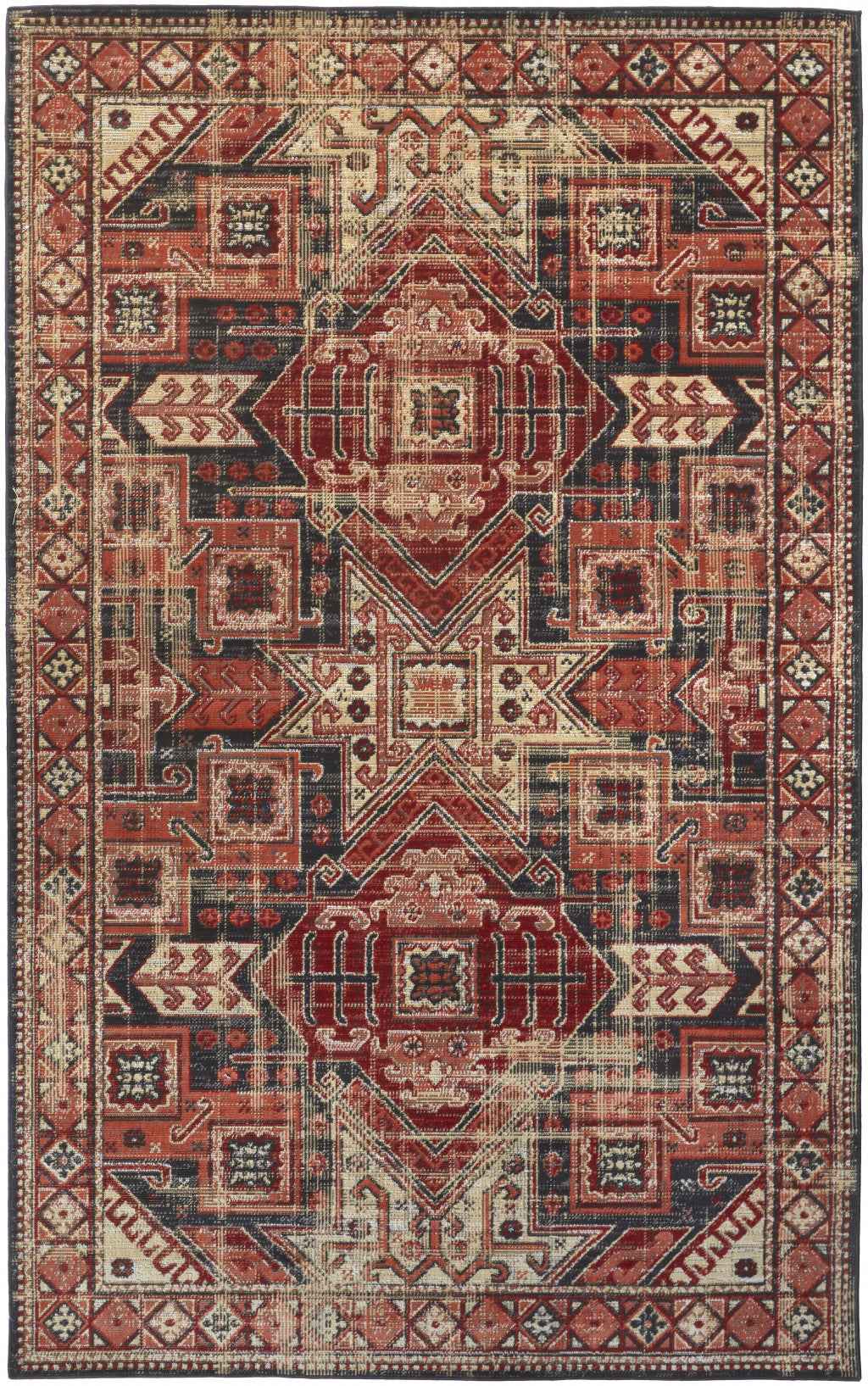 10' X 13' Red Tan And Black Abstract Power Loom Distressed Stain Resistant Area Rug