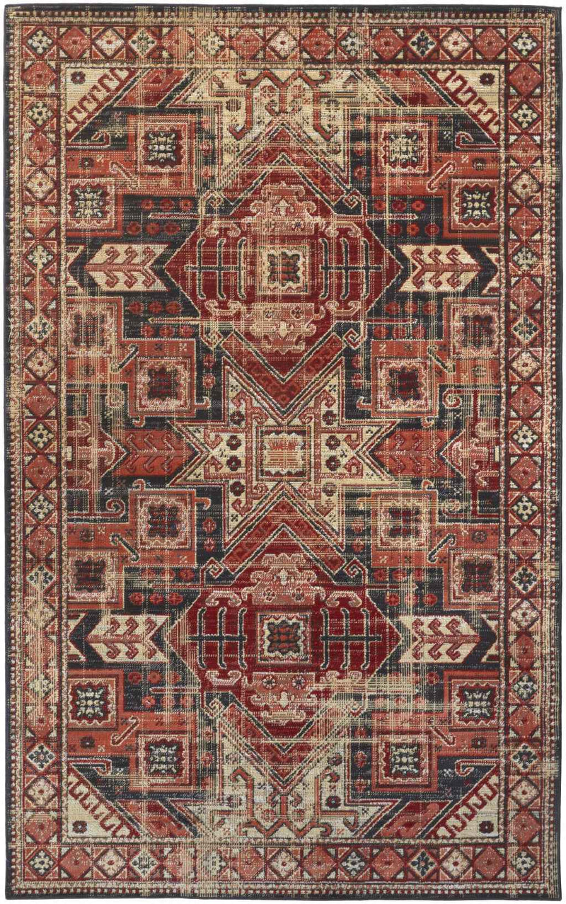 10' X 13' Red Tan And Black Abstract Power Loom Distressed Stain Resistant Area Rug