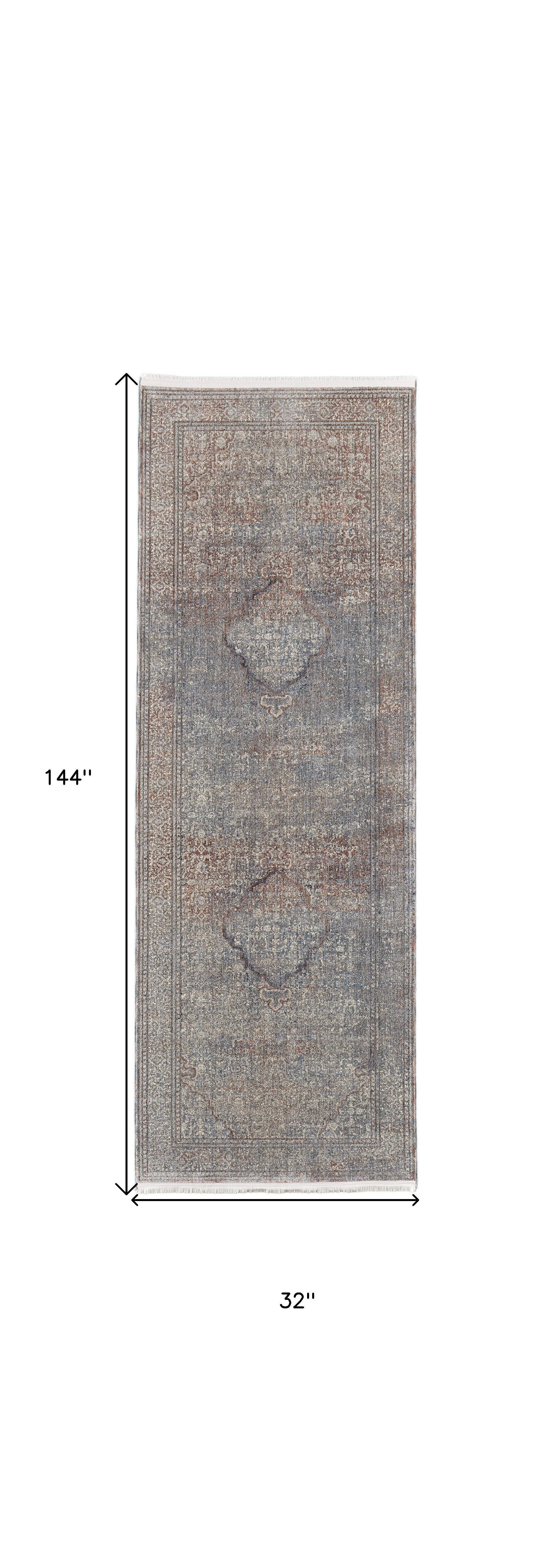 12' Blue Red And Gray Floral Power Loom Runner Rug - Home & Garden