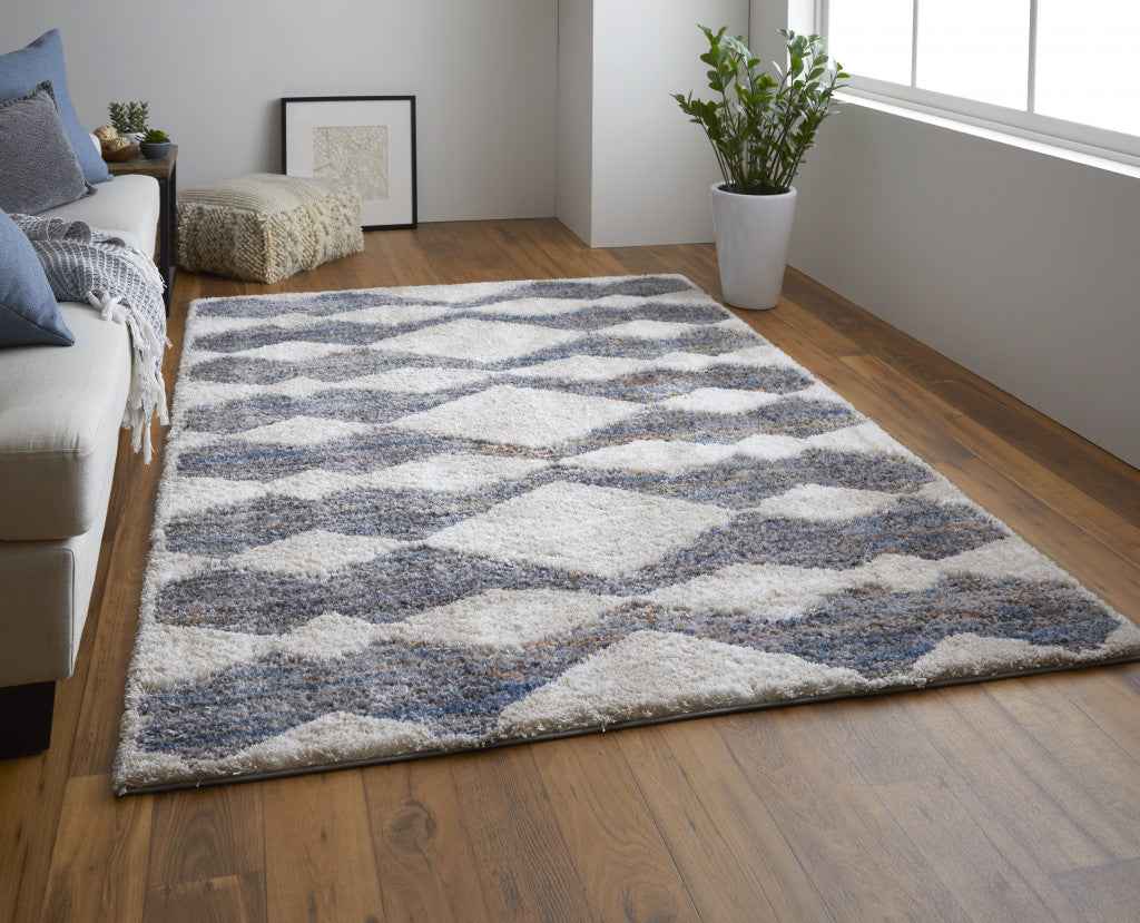 2' X 3' Tan Ivory And Blue Chevron Power Loom Stain Resistant Area Rug