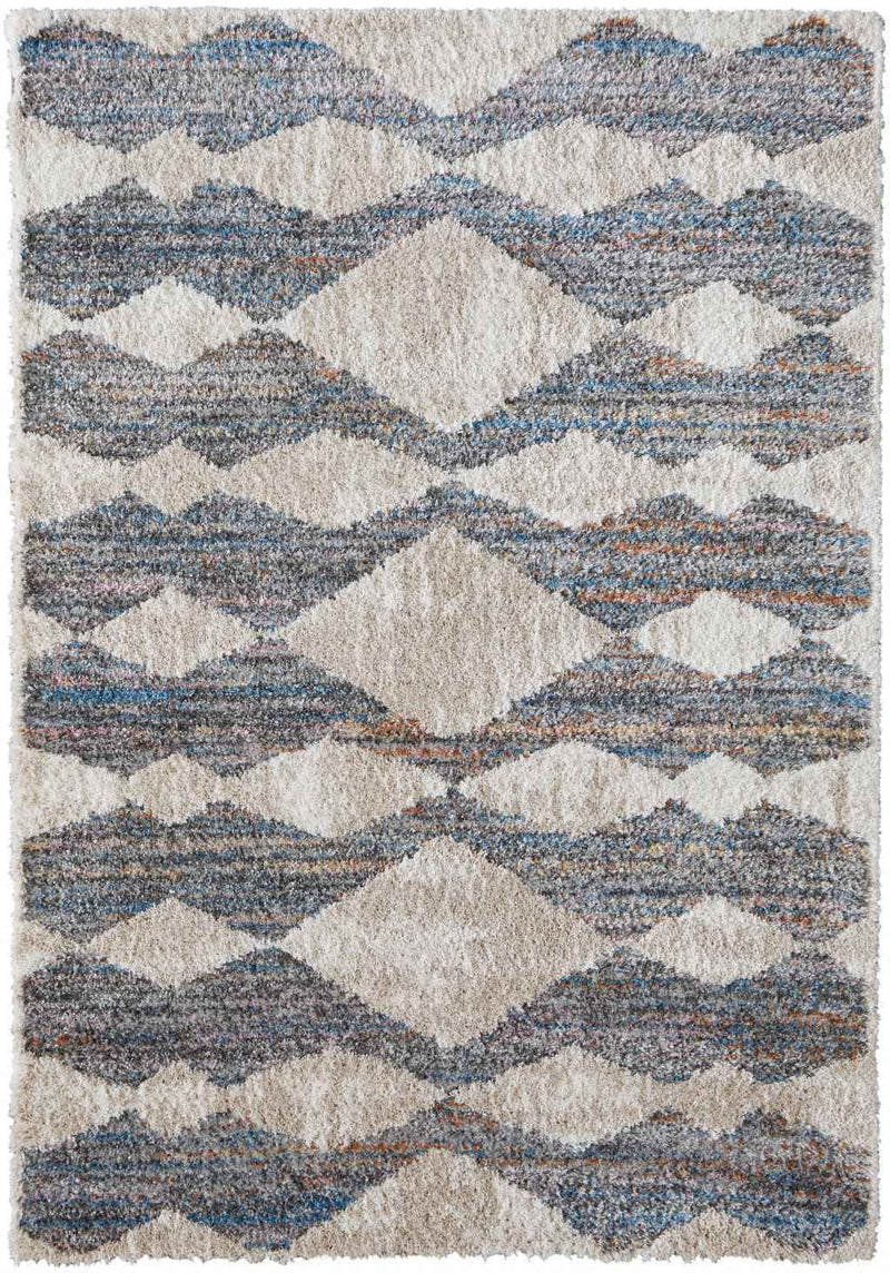 2' X 3' Tan Ivory And Blue Chevron Power Loom Stain Resistant Area Rug