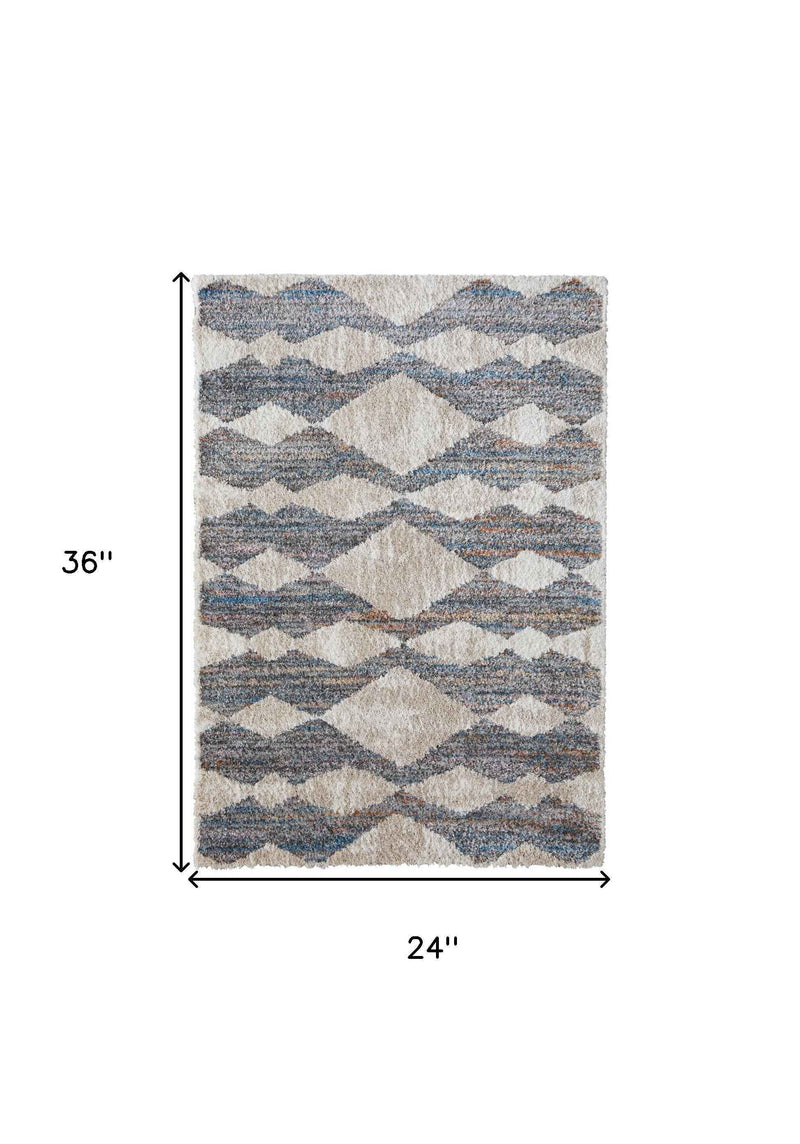 2' X 3' Tan Ivory And Blue Chevron Power Loom Stain Resistant Area Rug