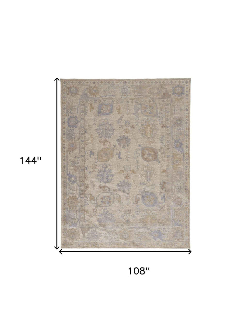 9' X 12' Tan Orange And Blue Floral Hand Knotted Stain Resistant Area Rug