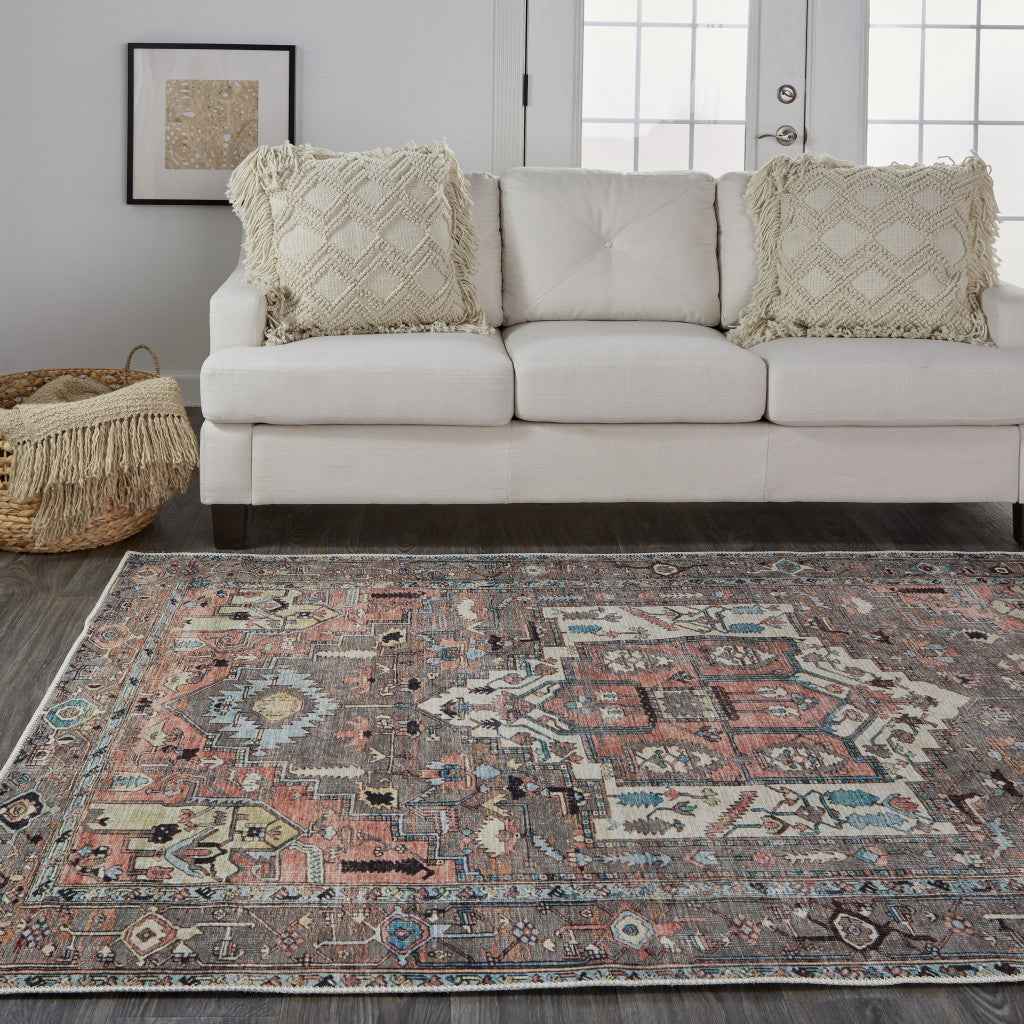 8' X 10' Taupe Red And Brown Floral Area Rug