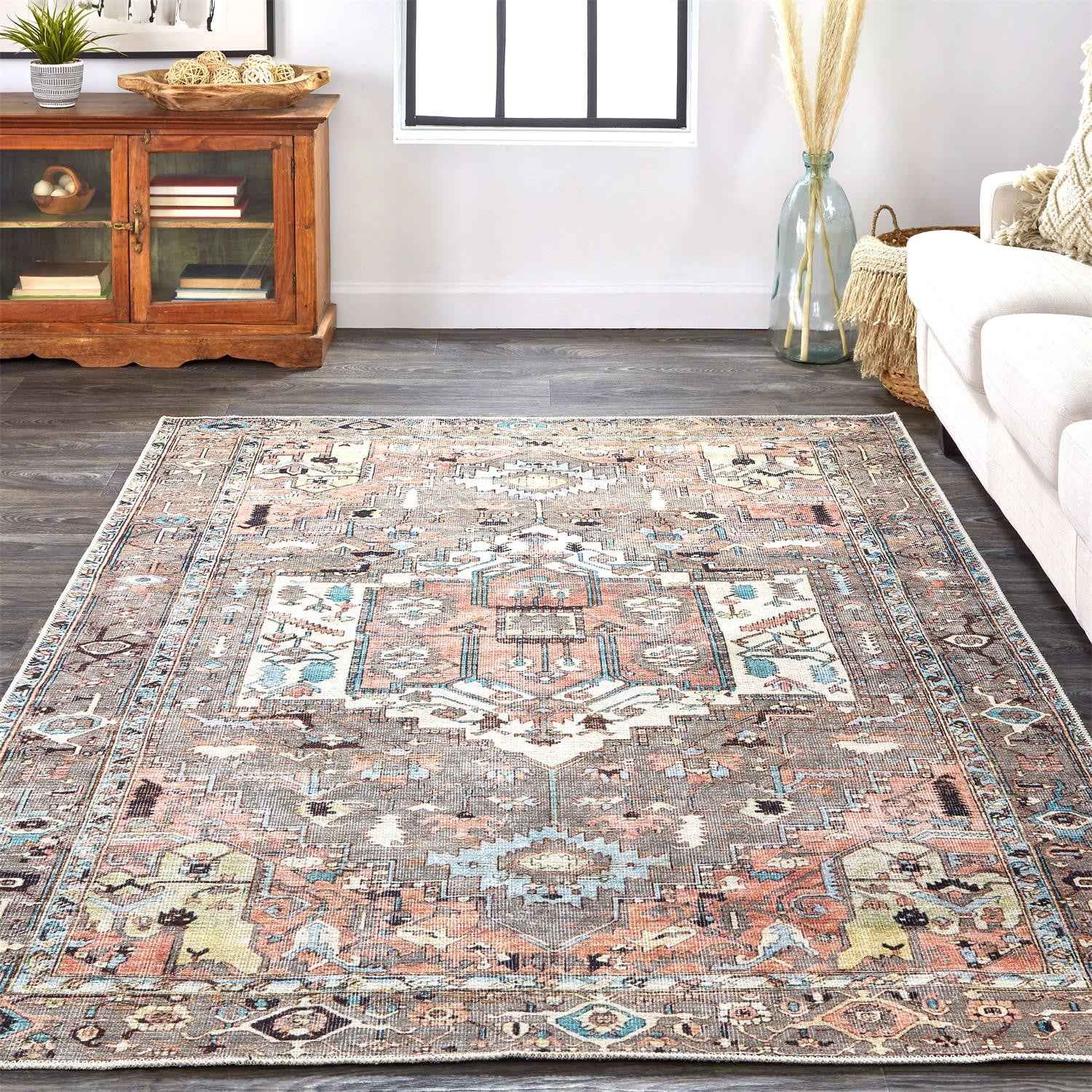 8' X 10' Taupe Red And Brown Floral Area Rug