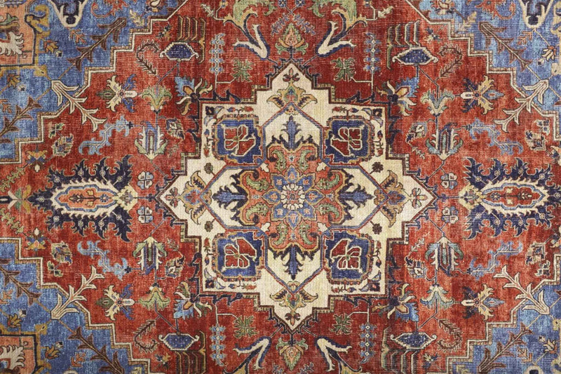 8' X 10' Blue Red And Ivory Floral Area Rug