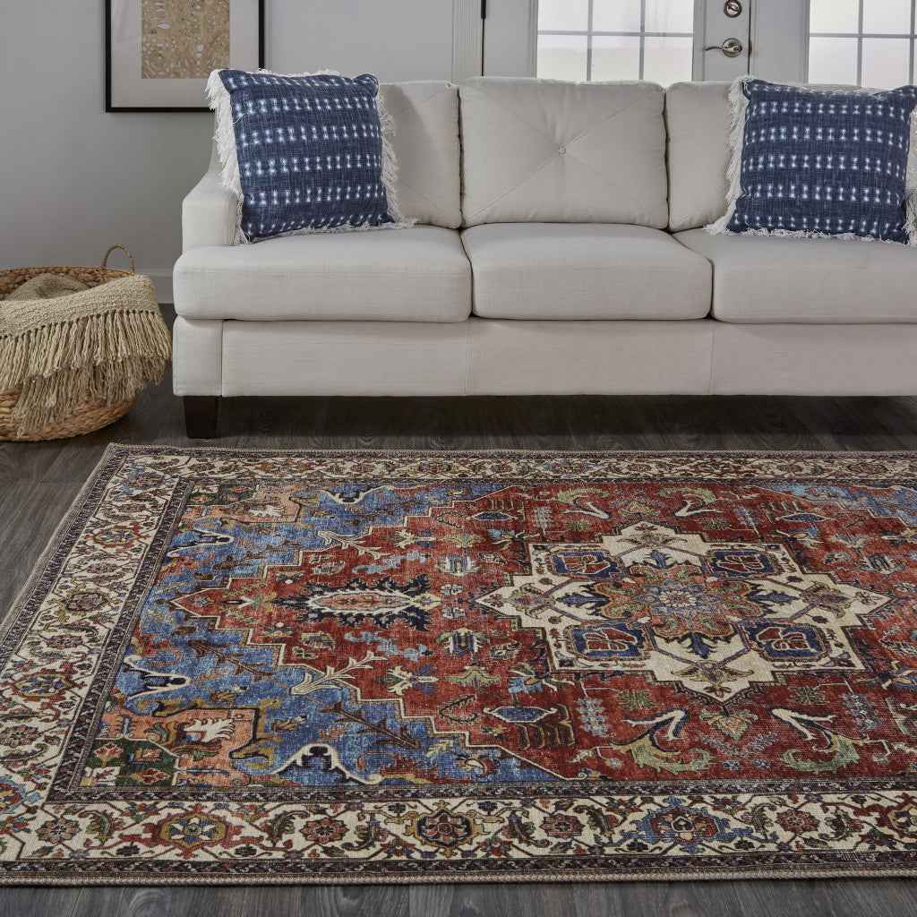 8' X 10' Blue Red And Ivory Floral Area Rug