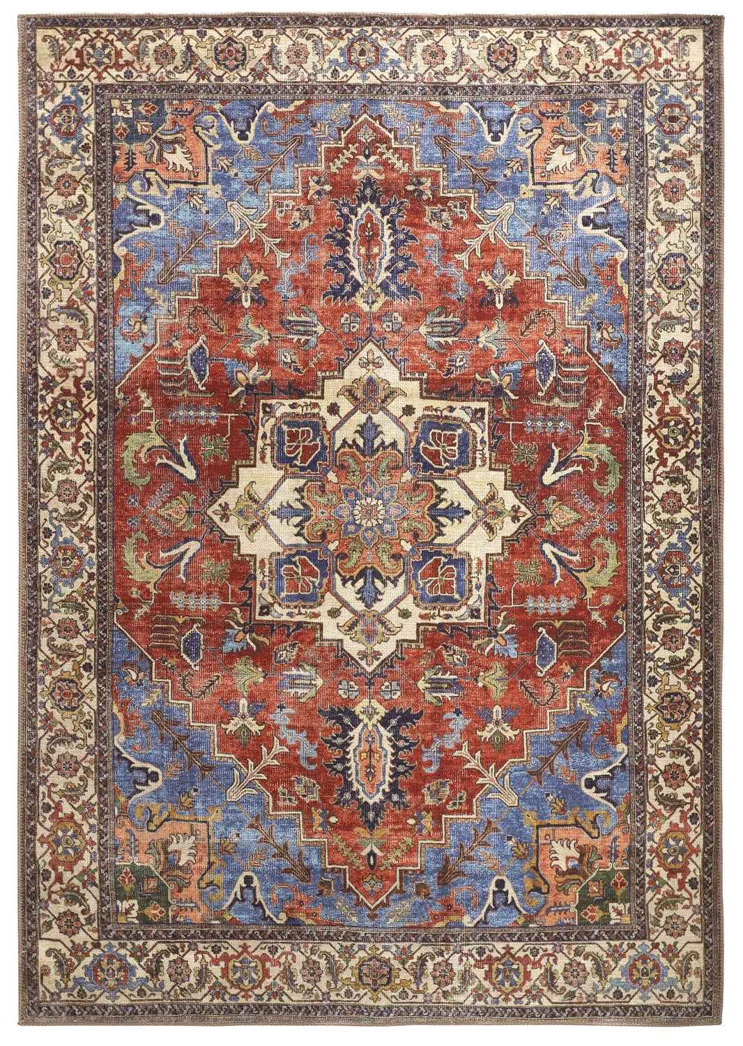 8' X 10' Blue Red And Ivory Floral Area Rug