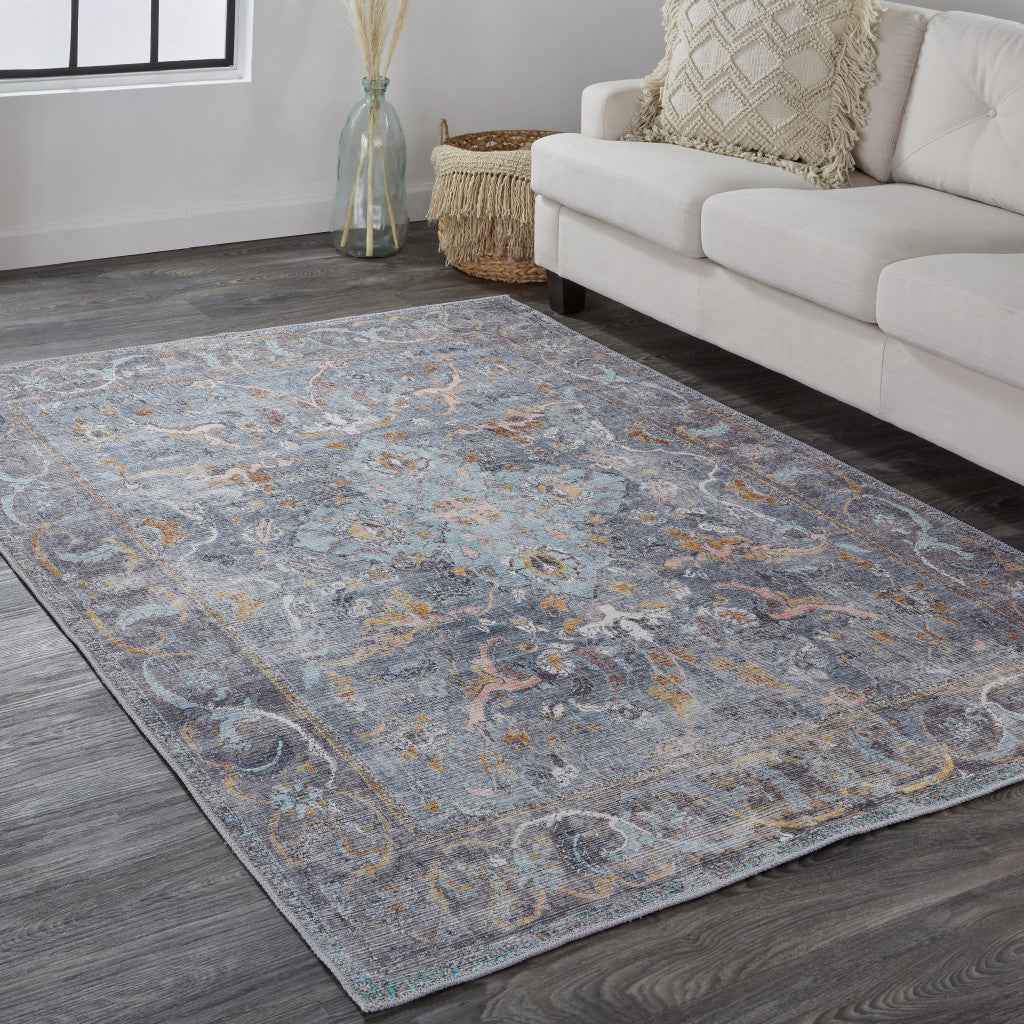 8' X 10' Blue Gray And Orange Floral Area Rug