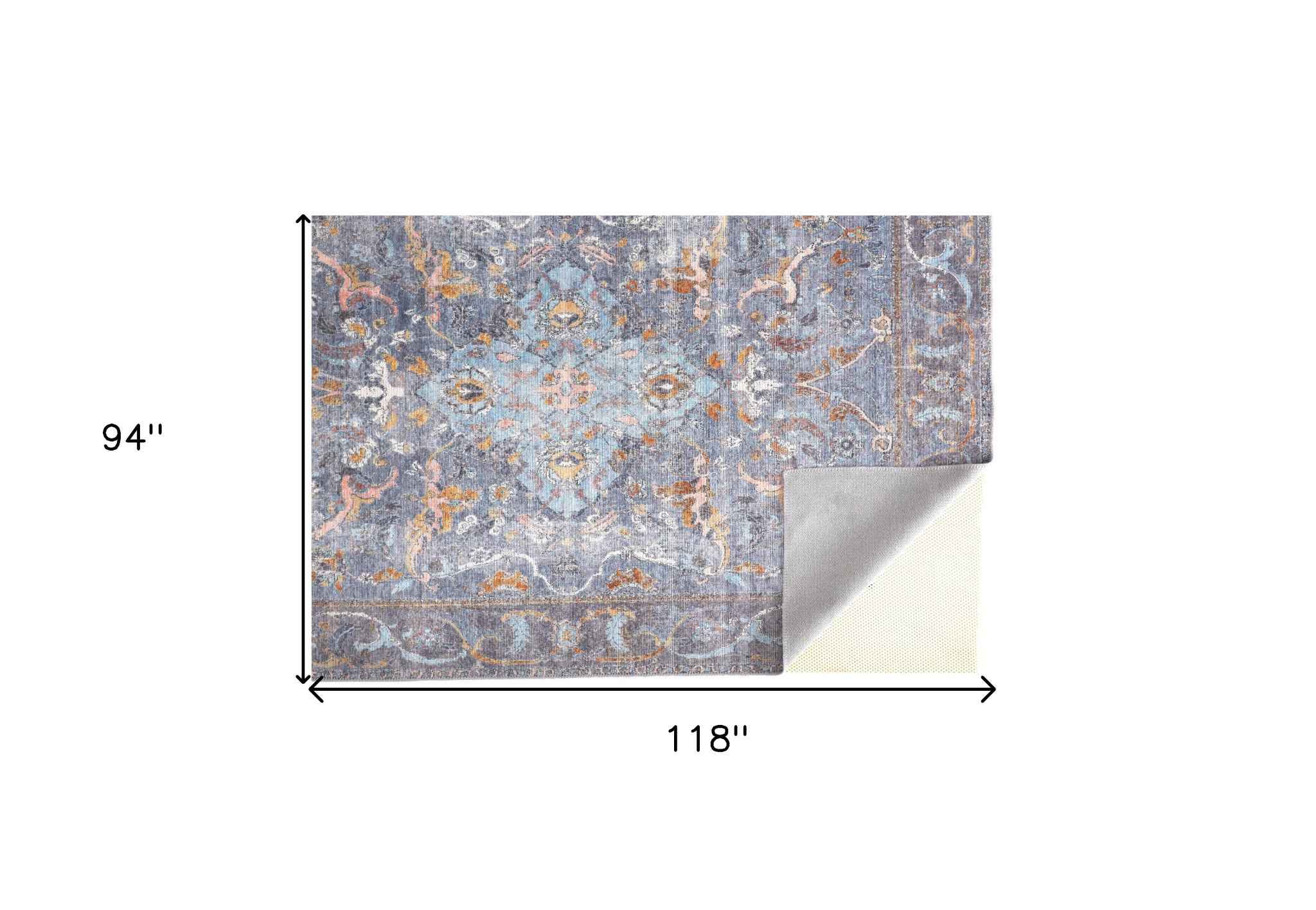 8' X 10' Blue Gray And Orange Floral Area Rug
