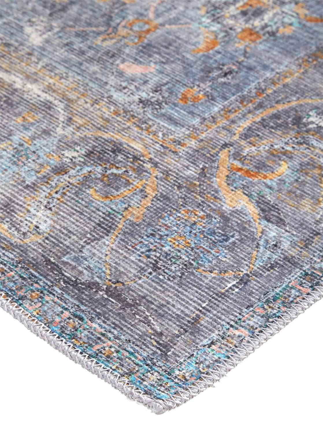8' X 10' Blue Gray And Orange Floral Area Rug