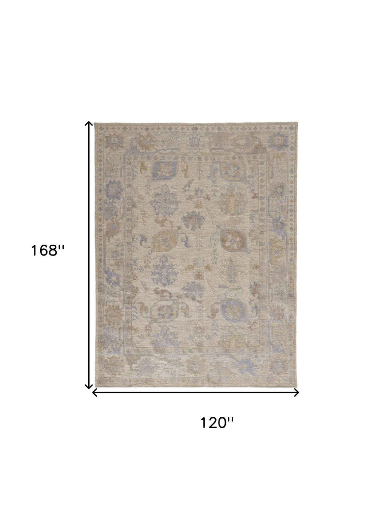 10' X 14' Tan Orange And Blue Floral Hand Knotted Stain Resistant Area Rug