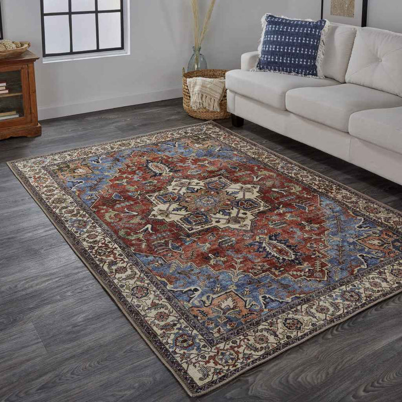 4' X 6' Blue Red And Ivory Floral Area Rug