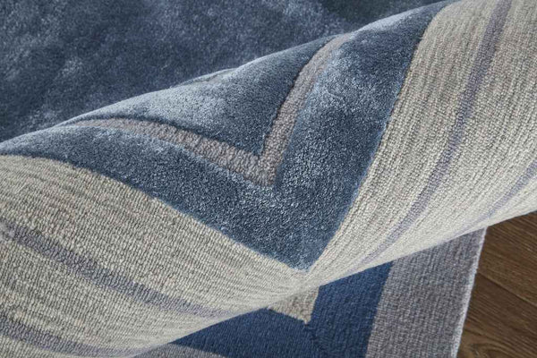 12' X 15' Blue Ivory And Gray Wool Striped Tufted Handmade Area Rug