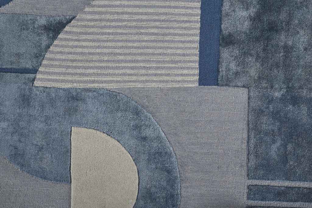 12' X 15' Blue Ivory And Gray Wool Striped Tufted Handmade Area Rug