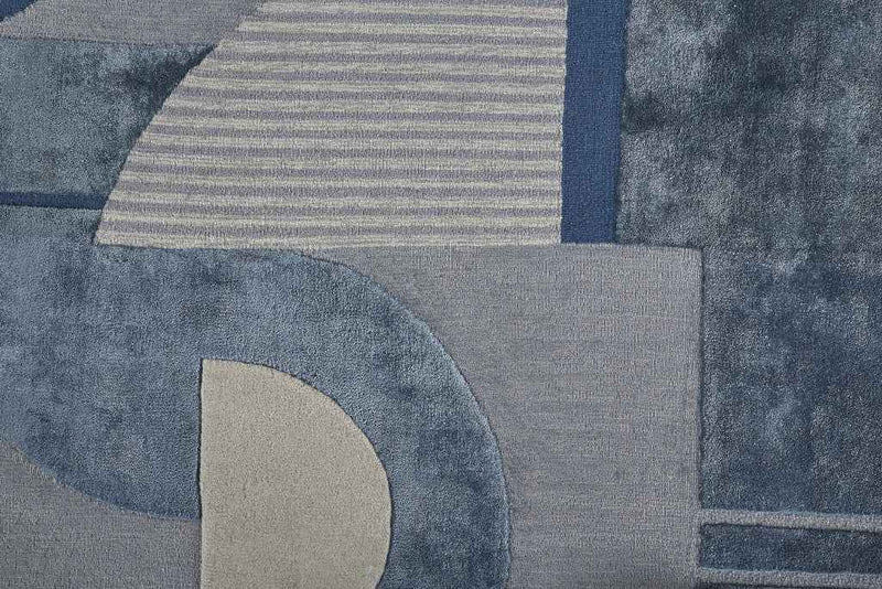 12' X 15' Blue Ivory And Gray Wool Striped Tufted Handmade Area Rug