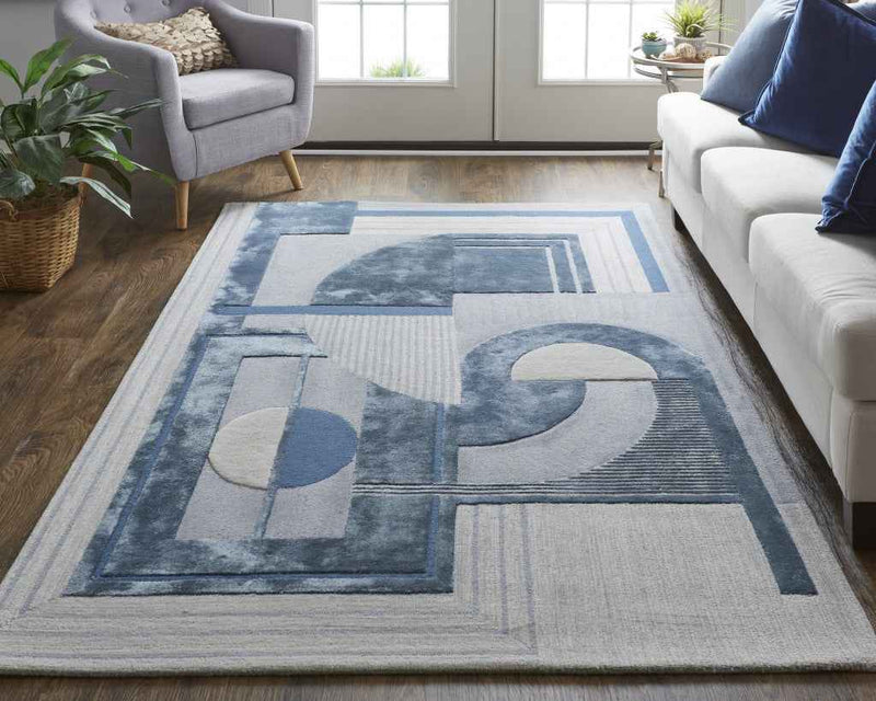 12' X 15' Blue Ivory And Gray Wool Striped Tufted Handmade Area Rug