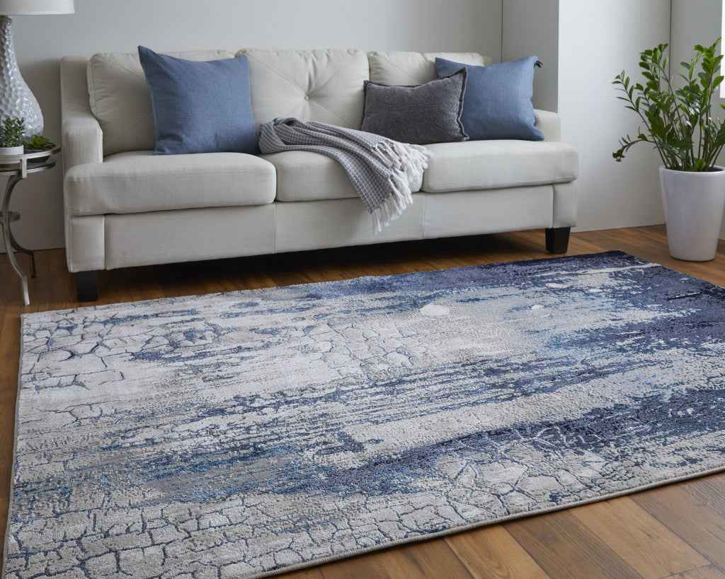 2' X 3' Ivory Blue And Black Abstract Power Loom Distressed Area Rug