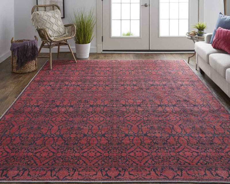 10' X 14' Red And Black Floral Power Loom Area Rug
