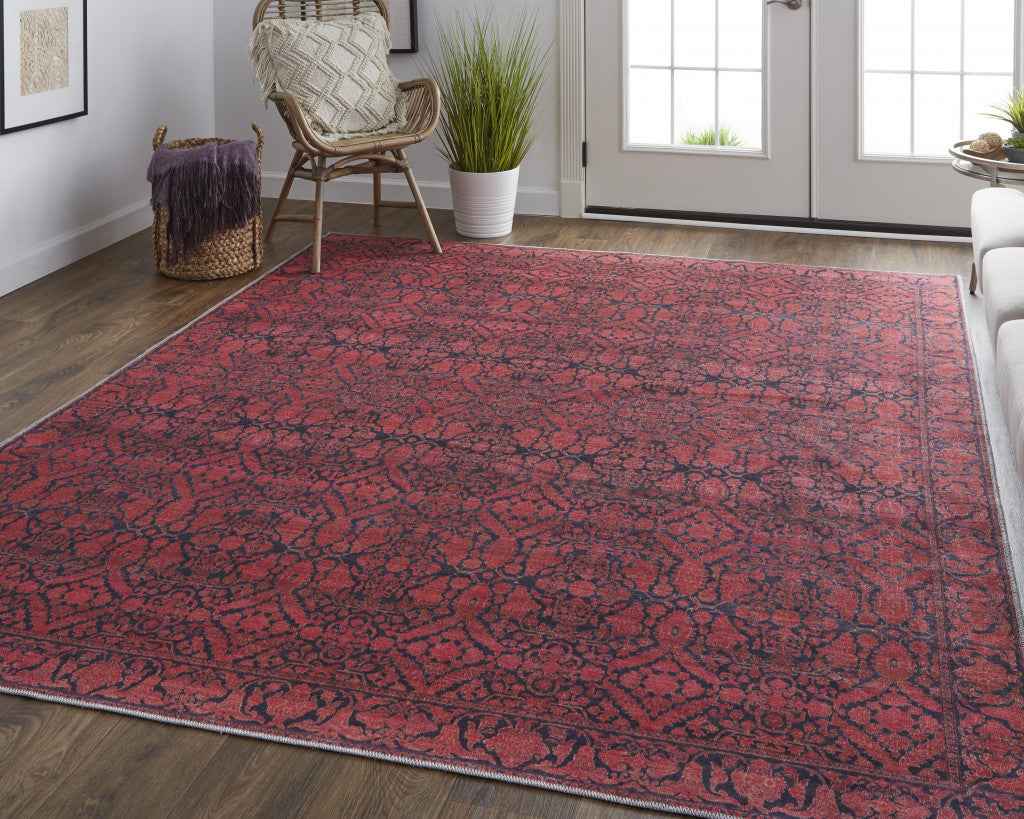 10' X 14' Red And Black Floral Power Loom Area Rug