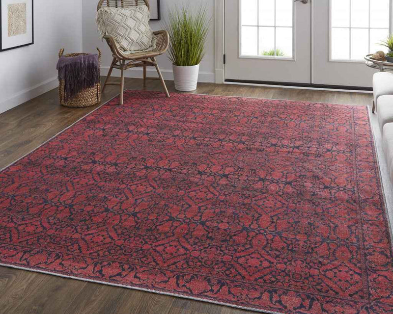 10' X 14' Red And Black Floral Power Loom Area Rug