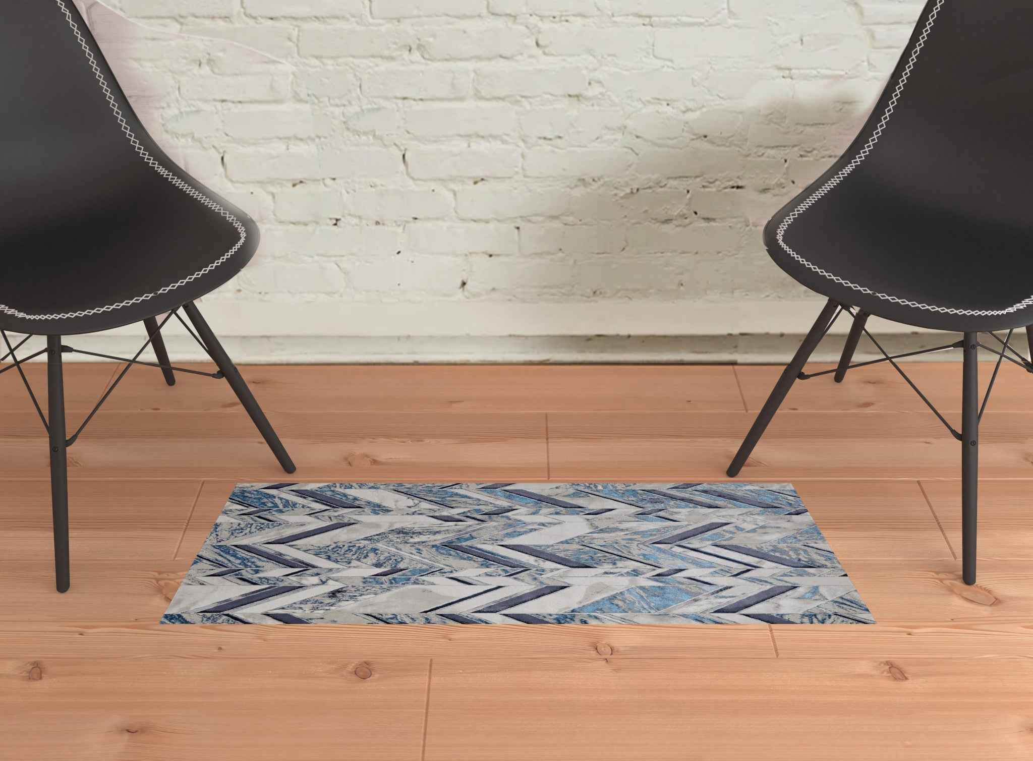 2' X 3' Ivory Blue And Gray Chevron Power Loom Distressed Area Rug