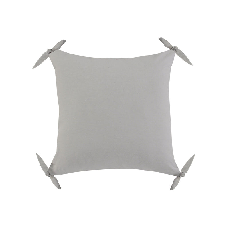 Light gray cotton square pillow cover with corner ties and zippered edge