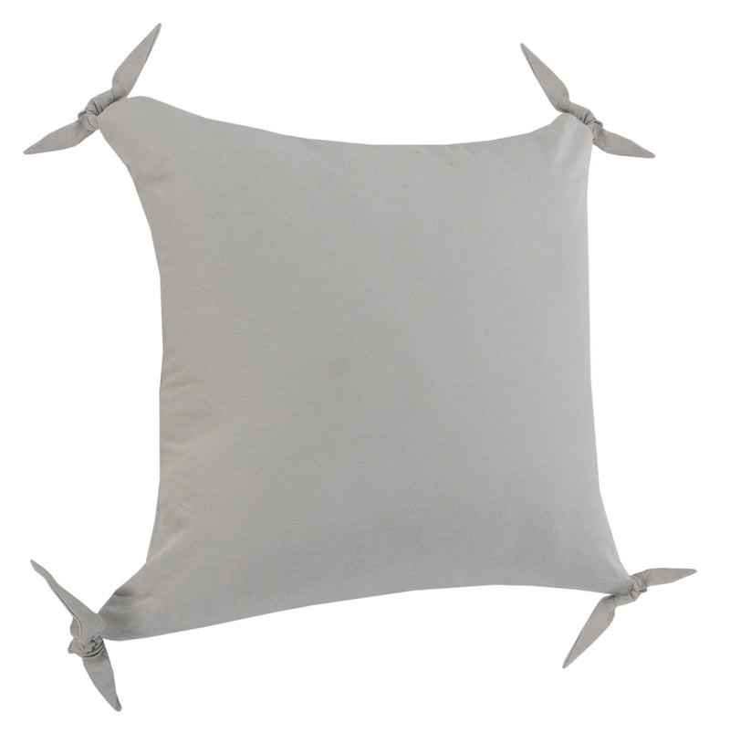 Light gray zippered cotton pillow cover with four corner ties