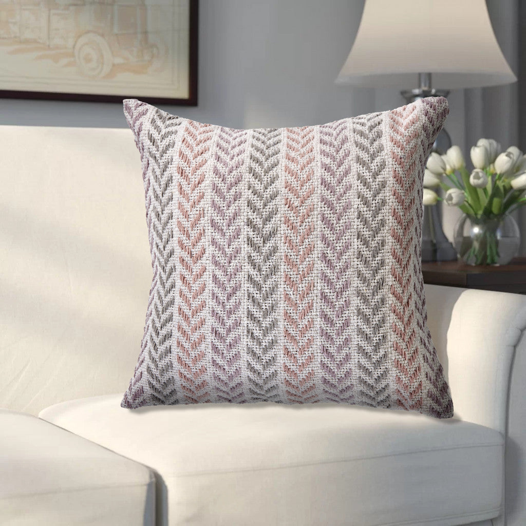 18" X 18" Purple Pink Gray And White 100% Cotton Chevron Zippered Pillow