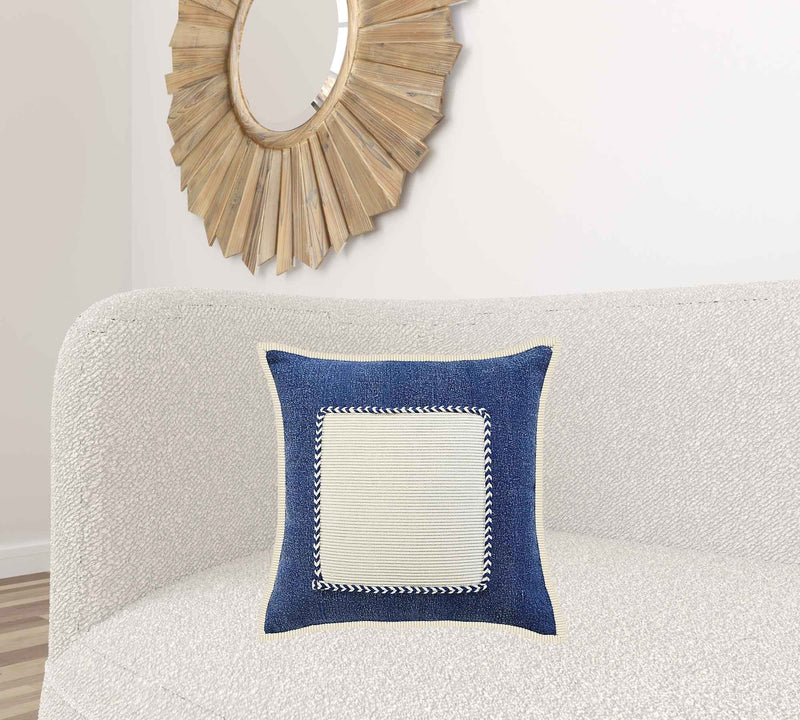20" X 20" Navy And Cream 100% Cotton Zippered Pillow