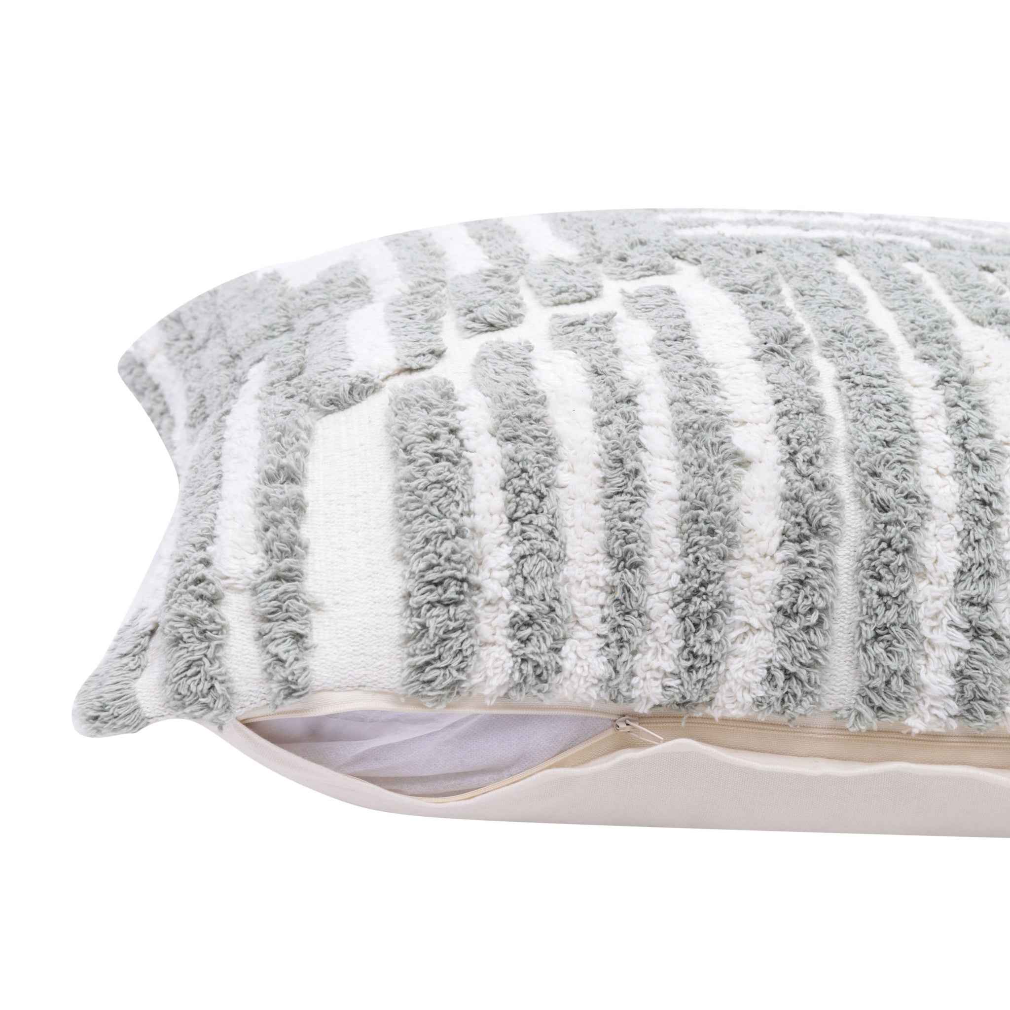 22" X 22" Sage Green And White 100% Cotton Striped Zippered Pillow