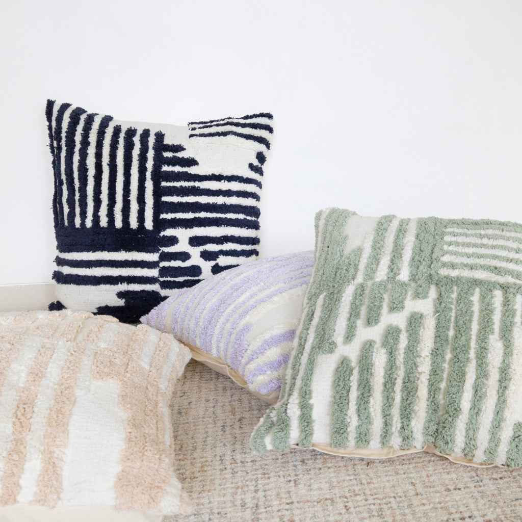 22" X 22" Sage Green And White 100% Cotton Striped Zippered Pillow