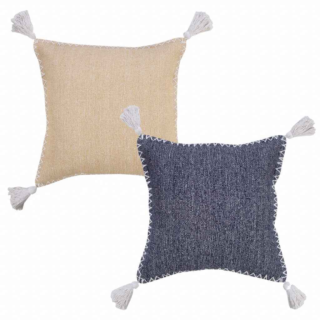 20" X 20" Brown and White Cotton Zippered Pillow With Embroidery, Tassels