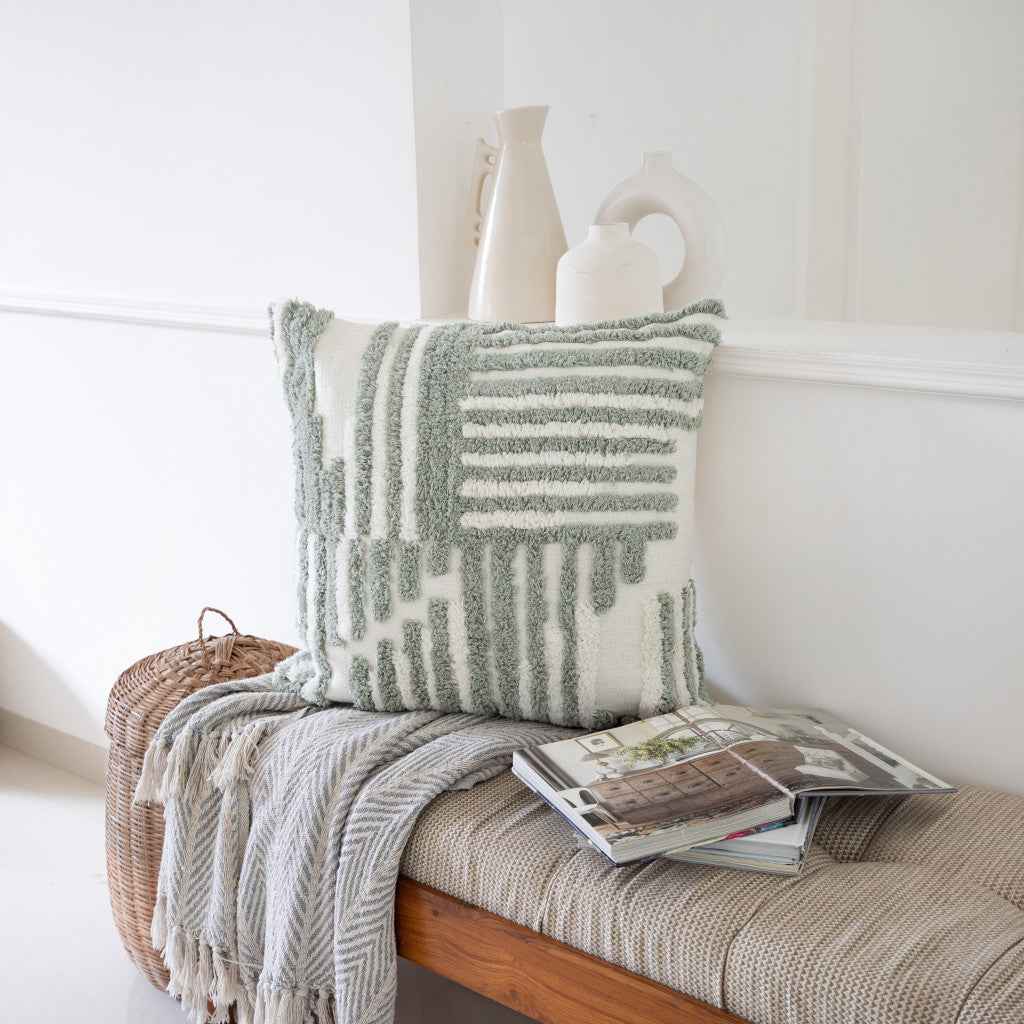 22" X 22" Sage Green And White 100% Cotton Striped Zippered Pillow