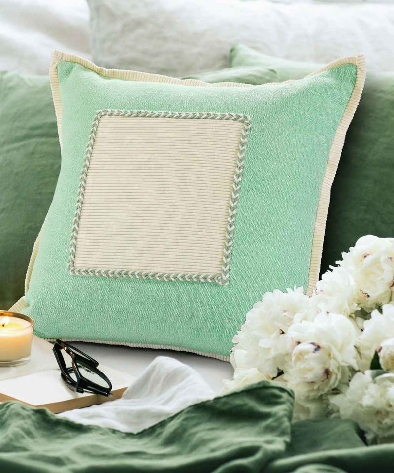 20" X 20" Pastel Green And Cream 100% Cotton Zippered Pillow
