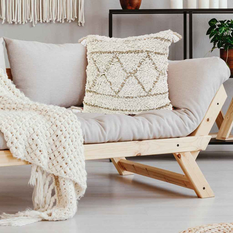 20" X 20" White And Tan 100% Cotton Geometric Zippered Pillow