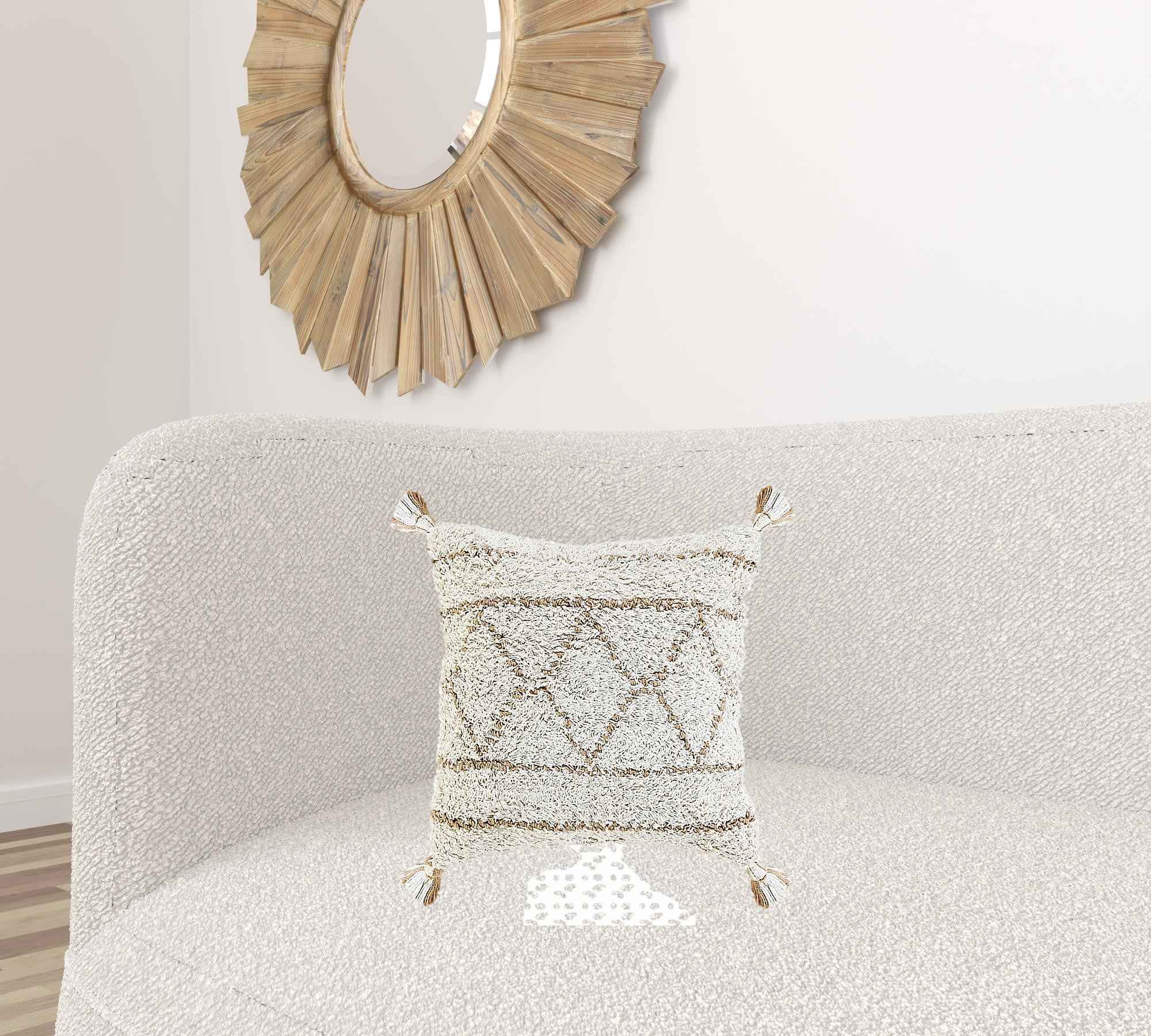 20" X 20" White And Tan 100% Cotton Geometric Zippered Pillow