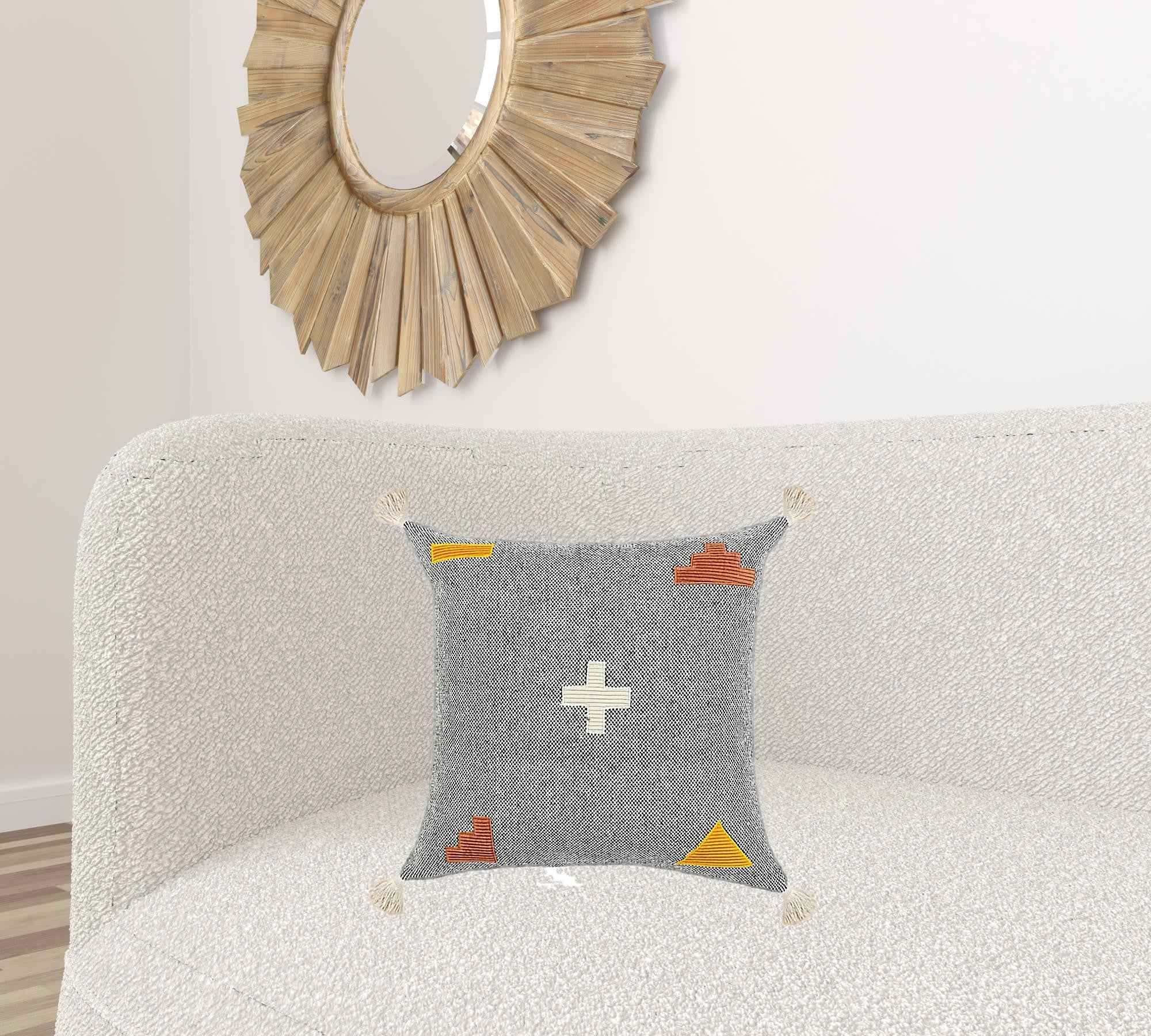 20" X 20" Black Off-White Yellow And Orange 100% Cotton Geometric Zippered Pillow