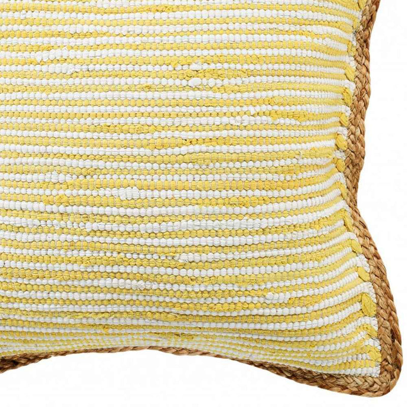 20" X 20" Golden Yellow, White And Tan 100% Cotton Striped Zippered Pillow