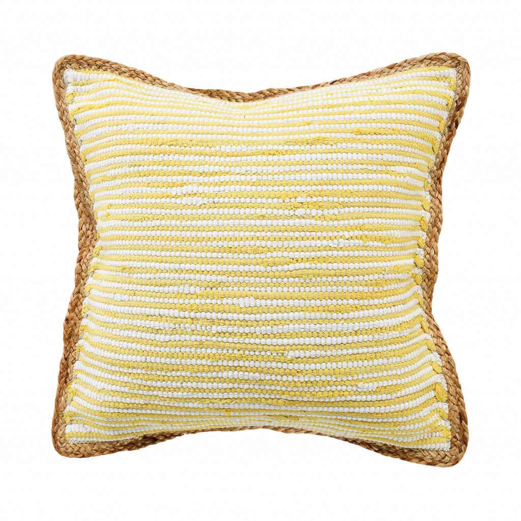 20" X 20" Golden Yellow, White And Tan 100% Cotton Striped Zippered Pillow